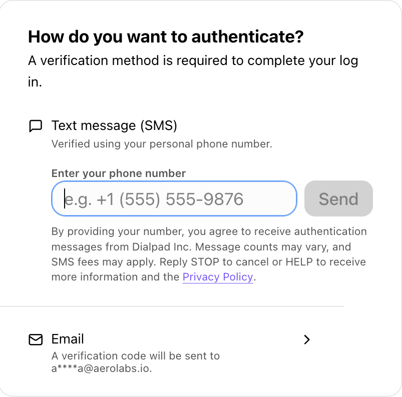 Authentication options for logging in without MFA setup, including SMS and email verification methods.